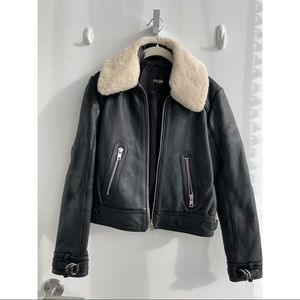 Maje Size 38 (Medium) Black Leather Jacket with White Detachable Fur Collar
